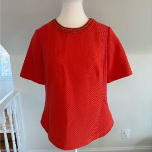 Karen Millen Orange Short-Sleeve Beaded-Neck Top Size 8